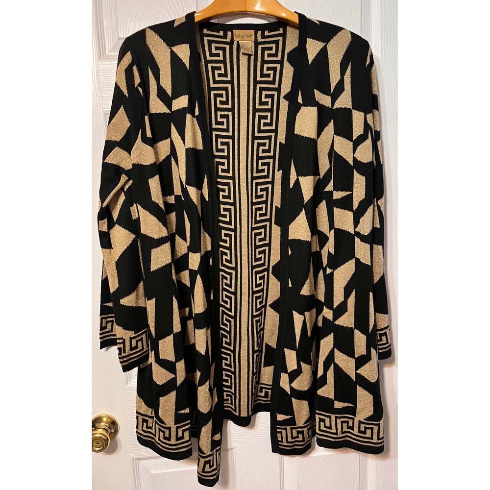 Midnight Velvet Womens 1X Cardigan Black Gold Metallic Greek Key Geometric Long